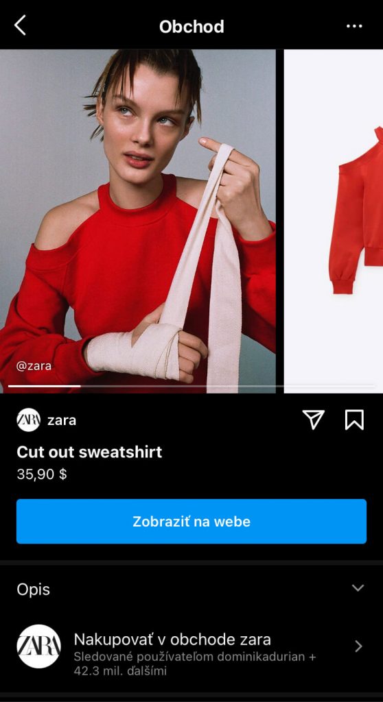 Facebook shopping na instagrame u Zara po kliknutí na odkaz